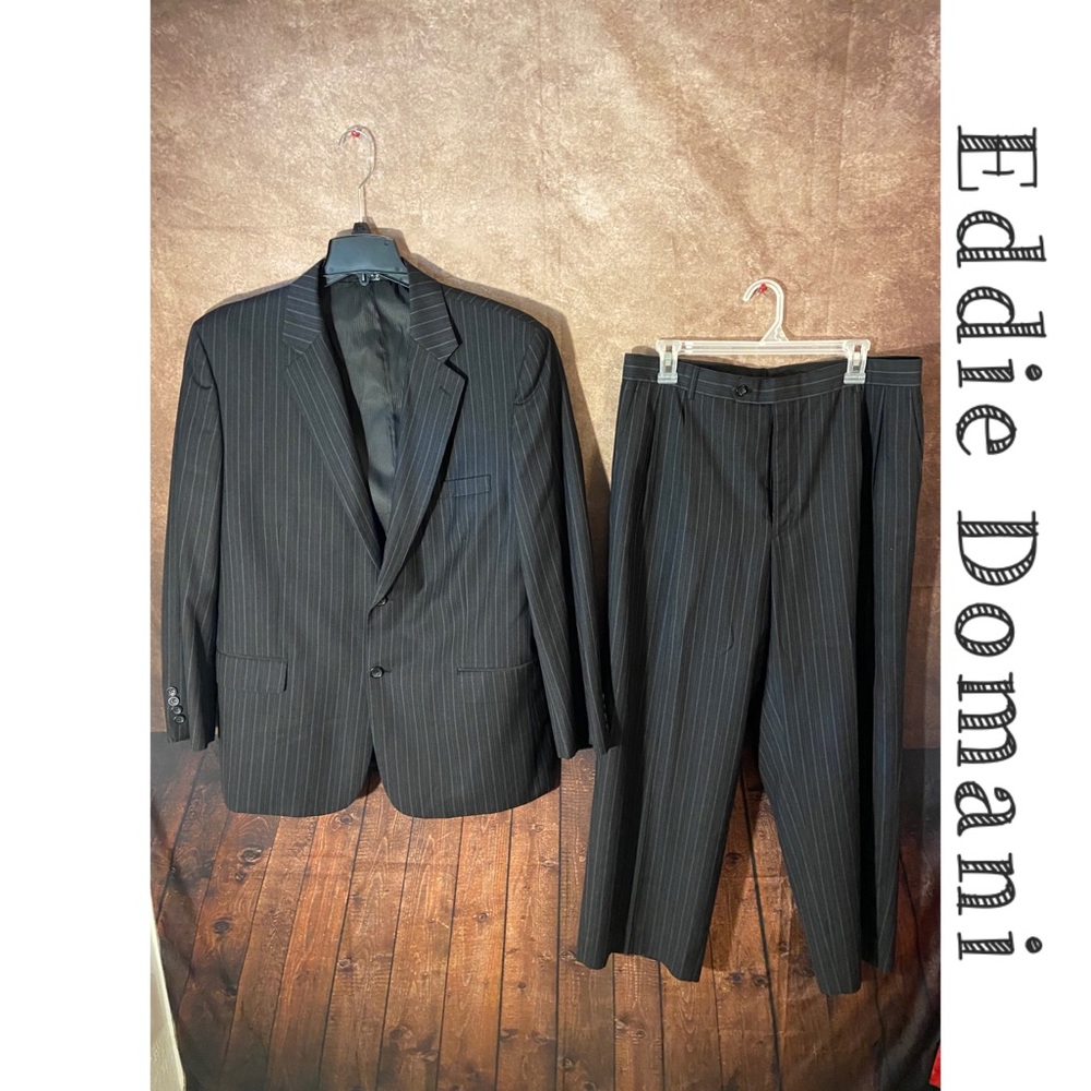 Eddie Domani Black Pinstripe Mens 2 Pc Suit- Jacket 44R, pants 38R-EUC